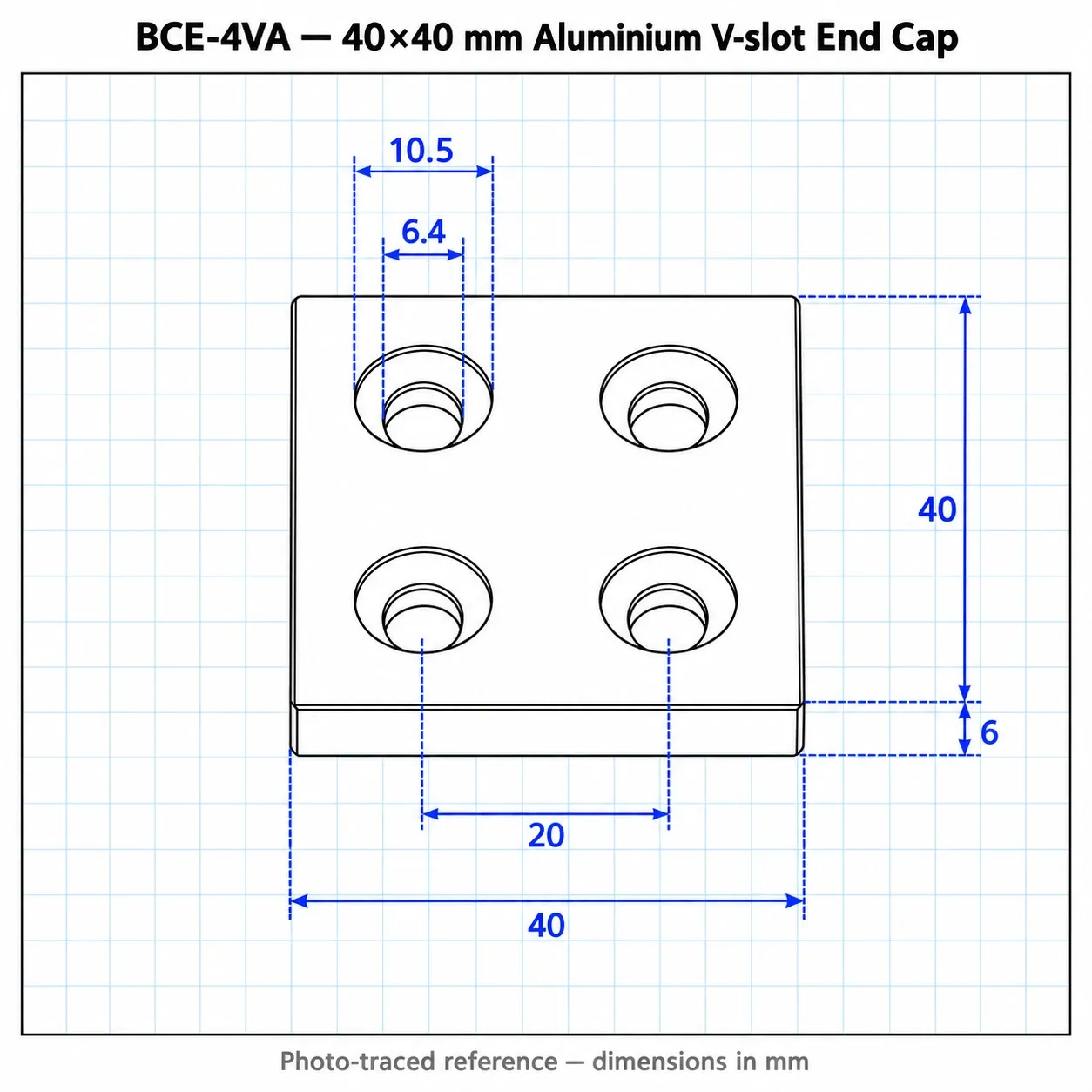 BCE-4VA — End Cap 40x40mm V-Slot อลูมิเนียม สีเงิน
