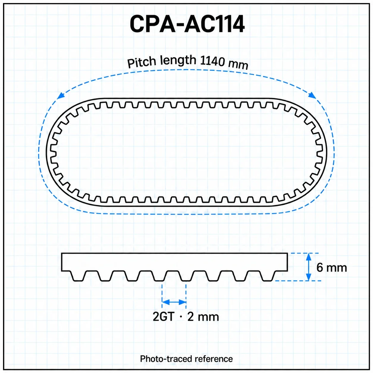 CPA-AC114 — Timing Belt 2GT กว้าง6mm เส้นรอบวง 1140mm