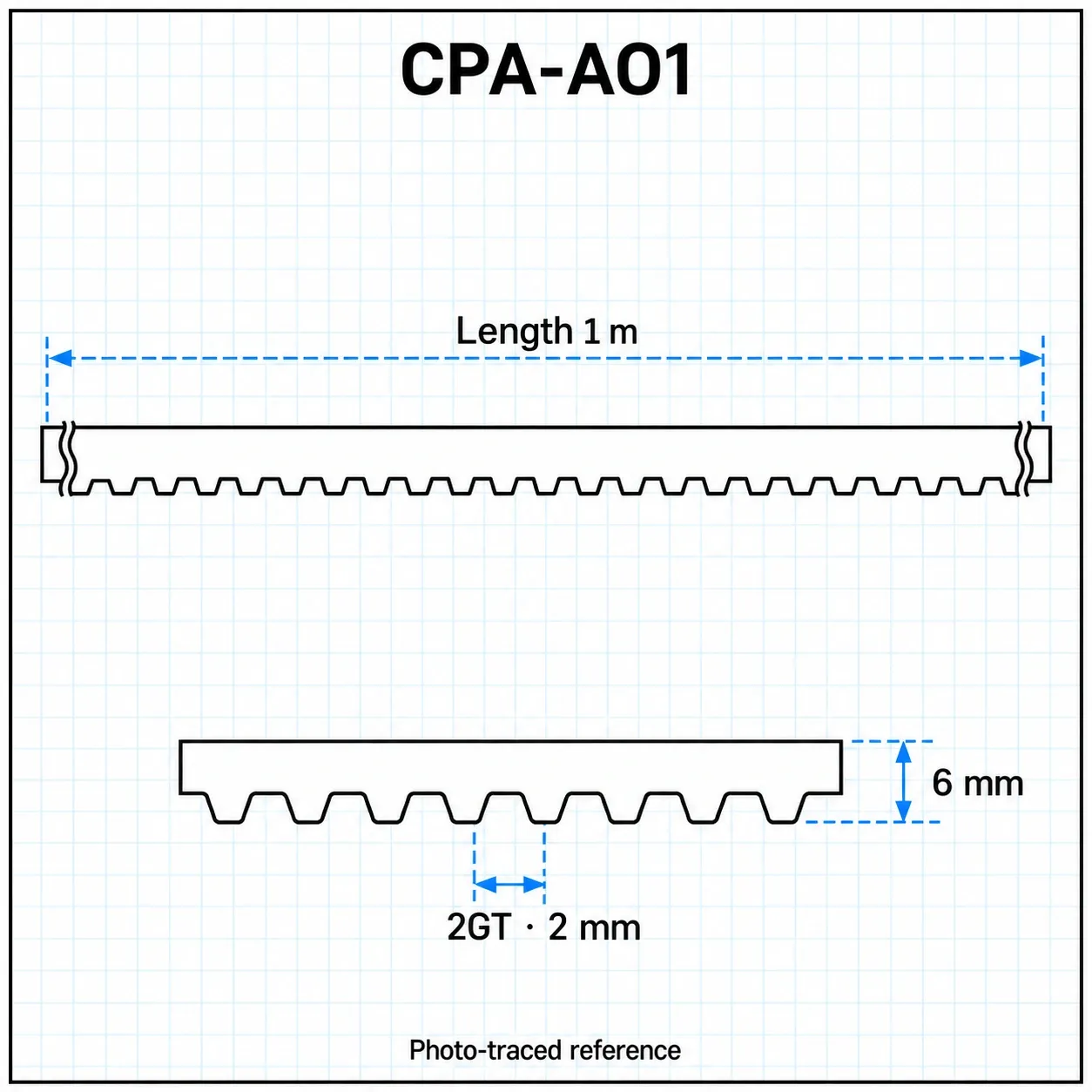 CPA-AO1 — Timing Belt 2GT กว้าง6mm Open End ยางดำ 1เมตร