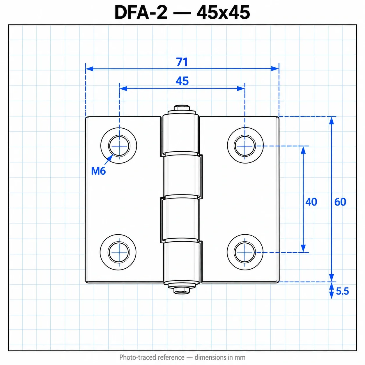DFA-2 — บานพับอลูมิเนียม 20x20mm สีเงิน