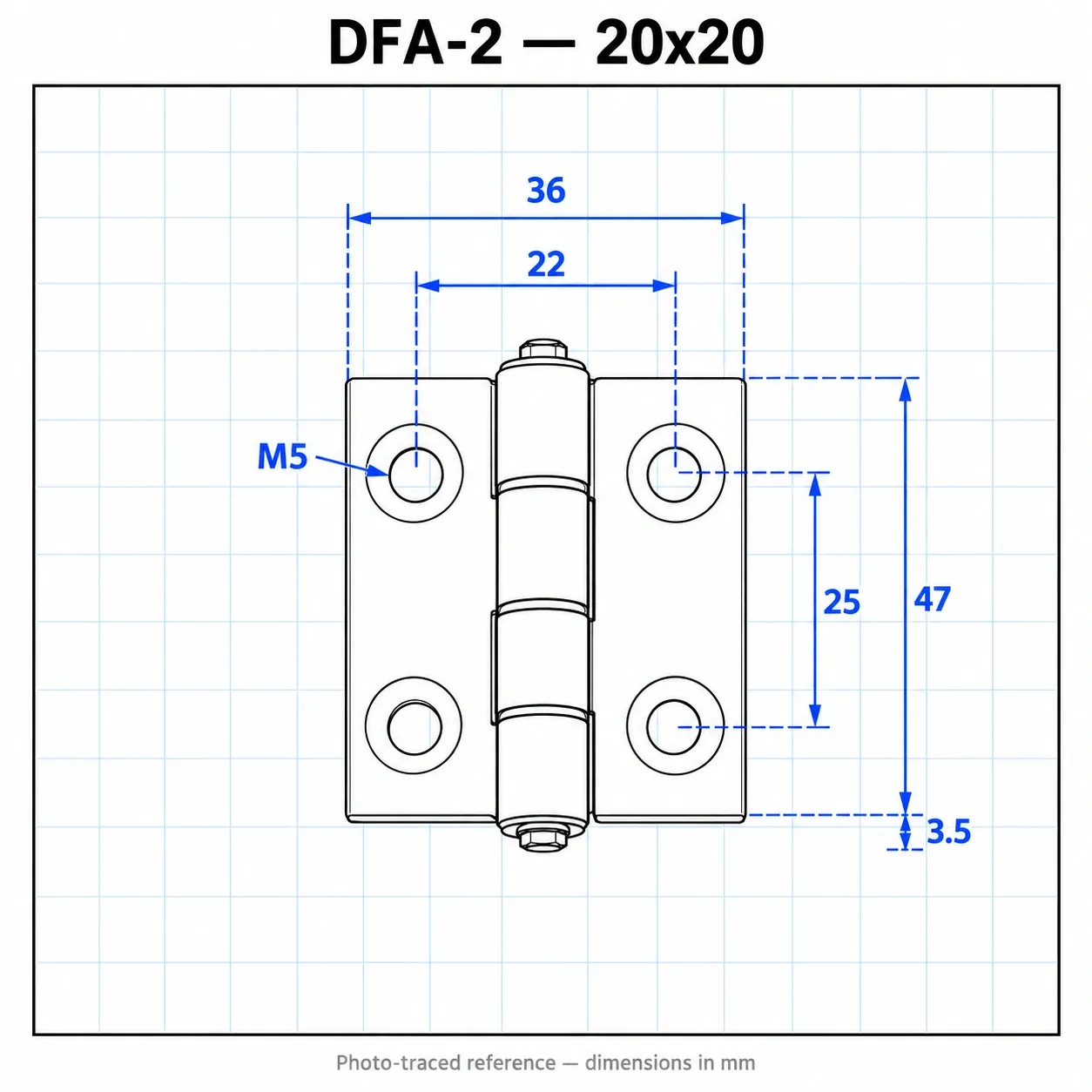 DFA-2 — บานพับอลูมิเนียม 20x20mm สีเงิน